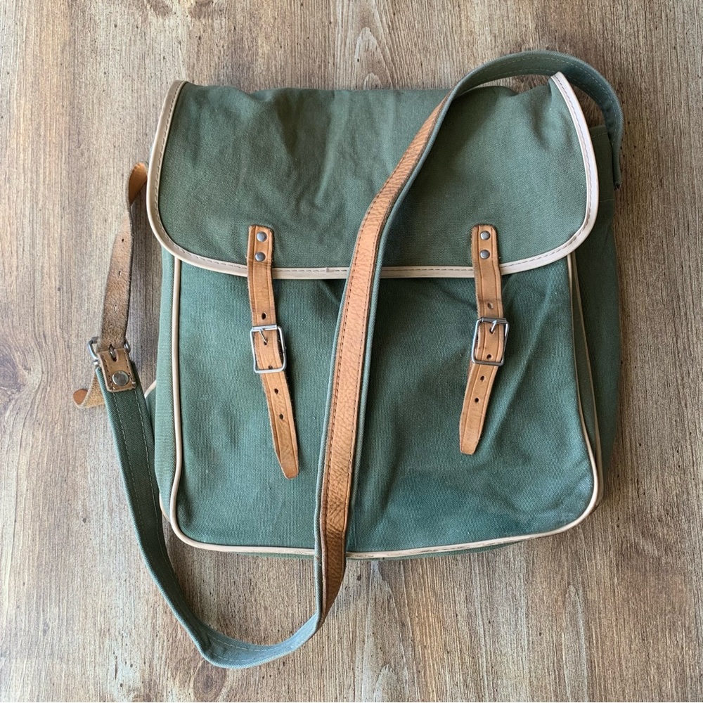 Vintage 70s Relum Goods Made in Czechoslovakia Green Canvas Tan Leather Bag